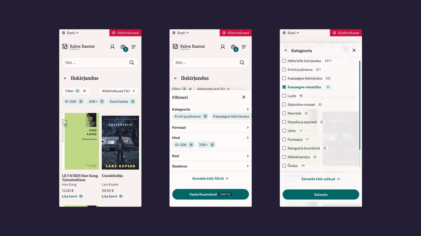 Rahva Raamatu e-poe mobiilse filtri kasutajaliides