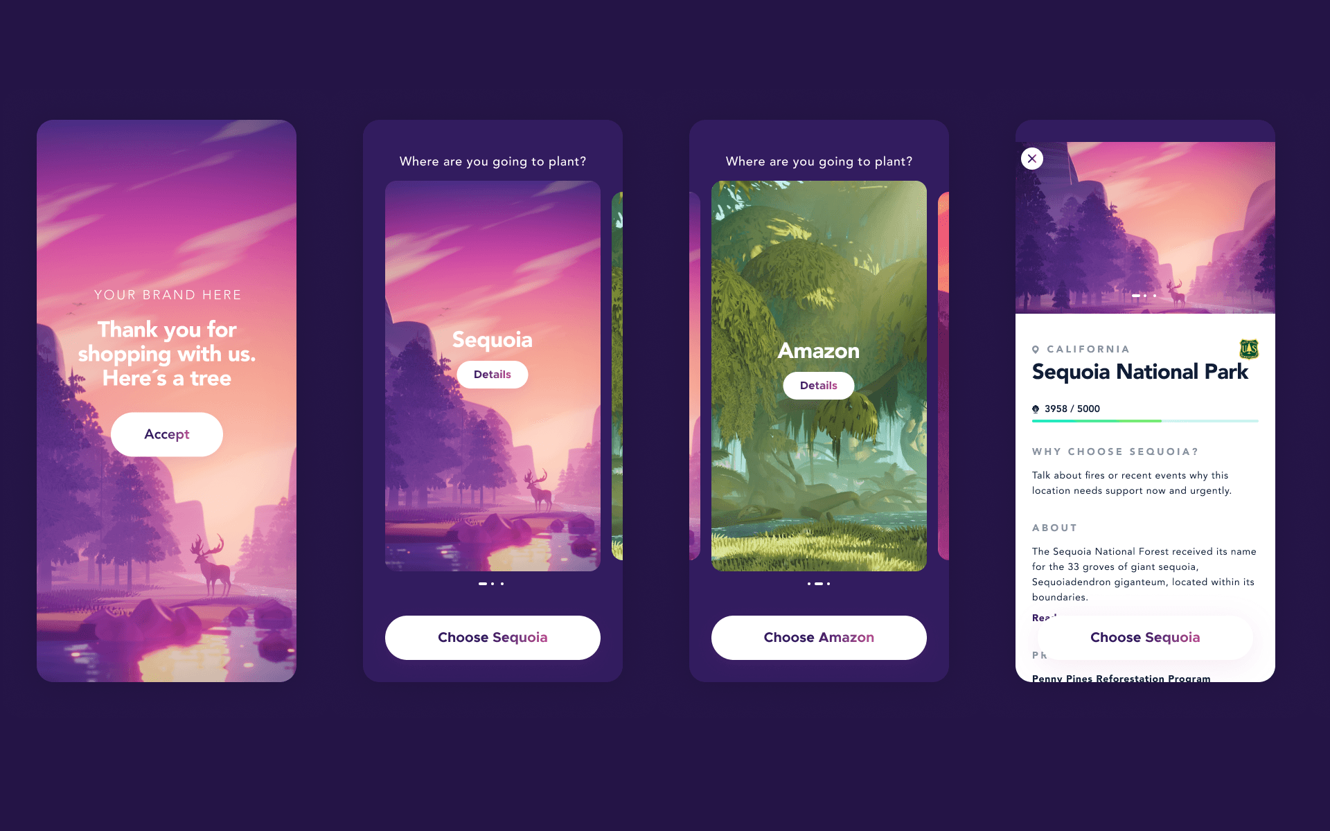 Tree donation mobile web app UI/UX design concept featuring interactive flow for choosing and exploring national parks.