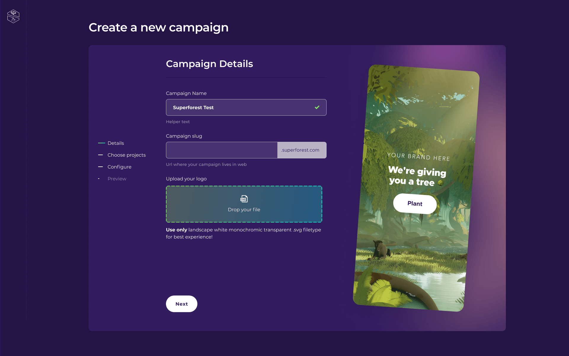 Campaign creation flow UI/UX design for a sustainability startup, showcasing a modern interface for creating and managing donation campaigns.