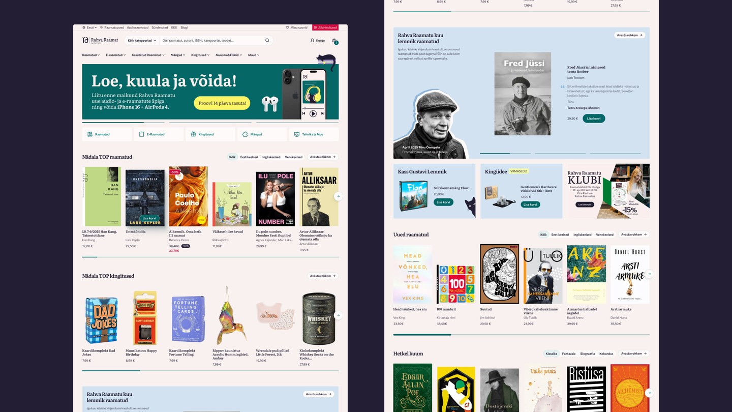 Rahva Raamatu e-poe avalehe UI disain