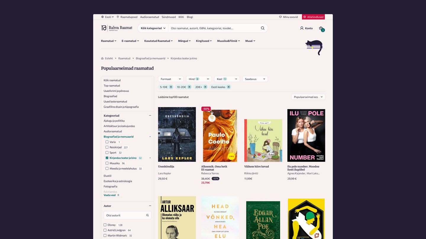 Rahva Raamatu e-poe tootenimekirja UI disain
