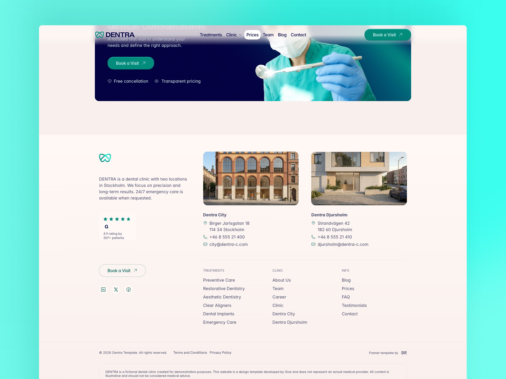 DENTRA dental clinic Framer template pricing and booking page thumbnail