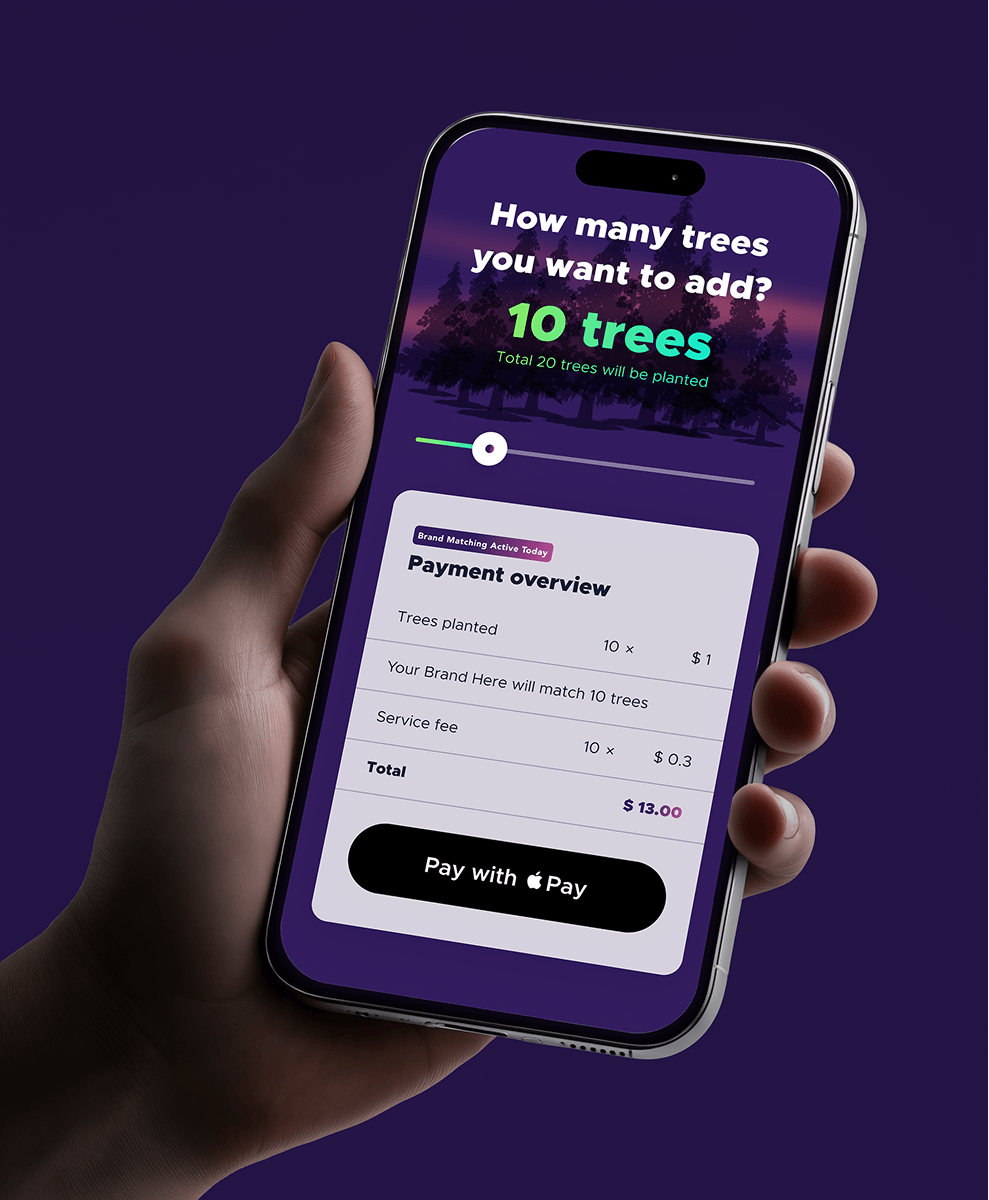 Tree gifting mobile app UI/UX design displaying a payment interface for adding trees through Apple Pay.