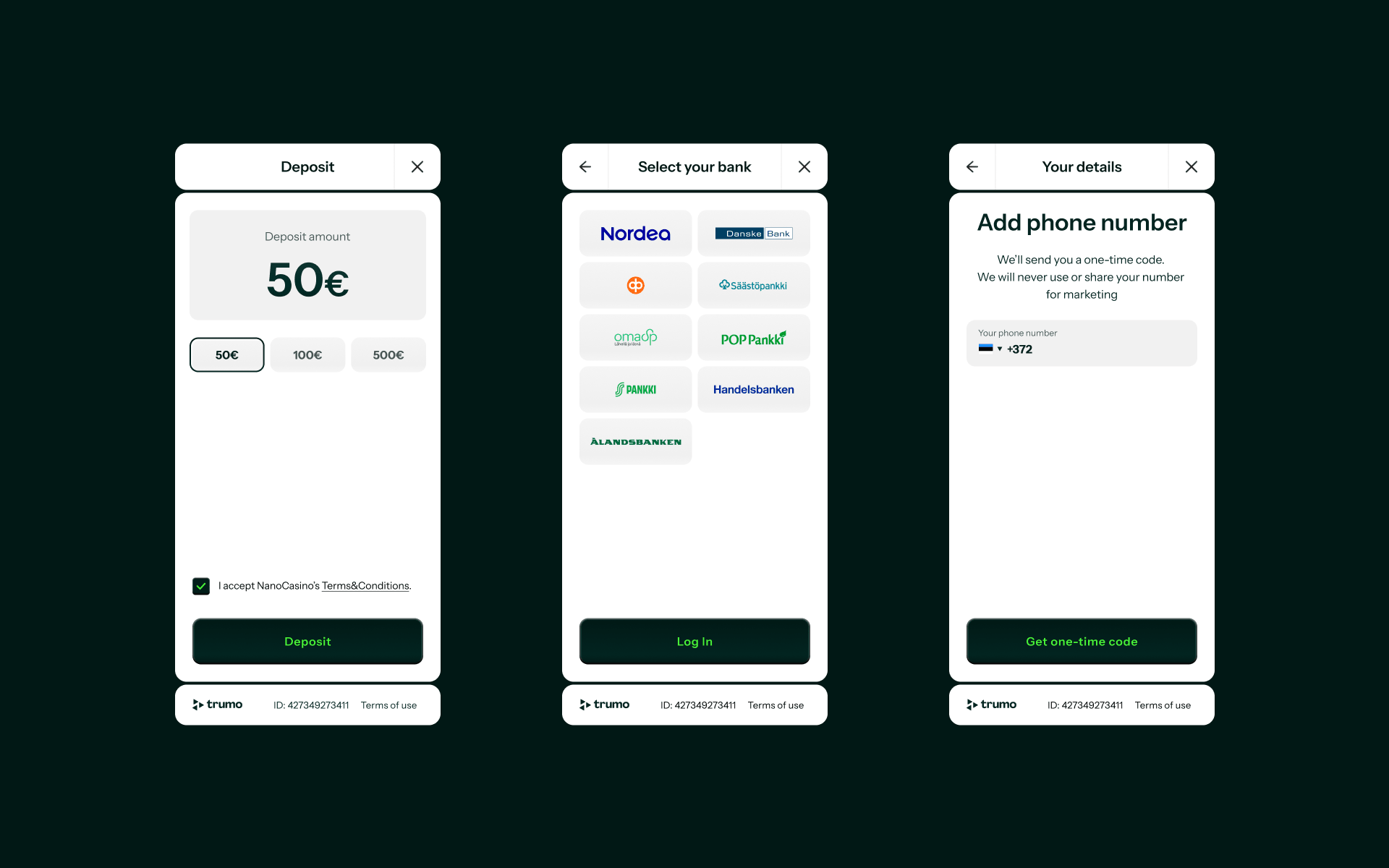 Mobile payment flow UI/UX design showing a clean multi-step deposit and bank selection interface