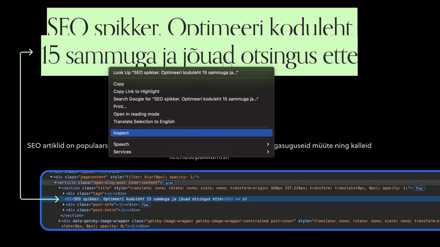 Inspecting website code to verify heading tags